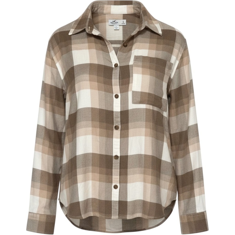 Hollister Plaid Button Down Shirt Womens Small Brown Tan Flannel Minimalist Boho